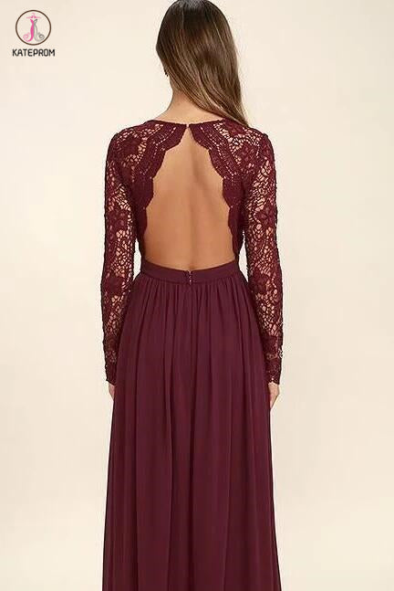 Burgundy Long Sleeve V-neck Backless Lace Top Chiffon Long Bridesmaid Dress,Prom Dress KPB0051