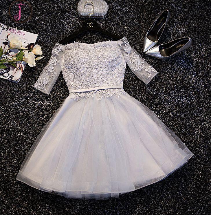 Cute Appliques Tulle Half Sleeves Short Prom Dress,Mini Off-shoulder Homecoming Dress KPH0197