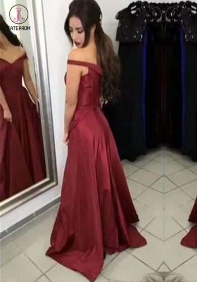 Burgundy Off-the-Shoulder Floor-length Ruched Satin Long Prom Dresses,Evening Dresses KPP0232