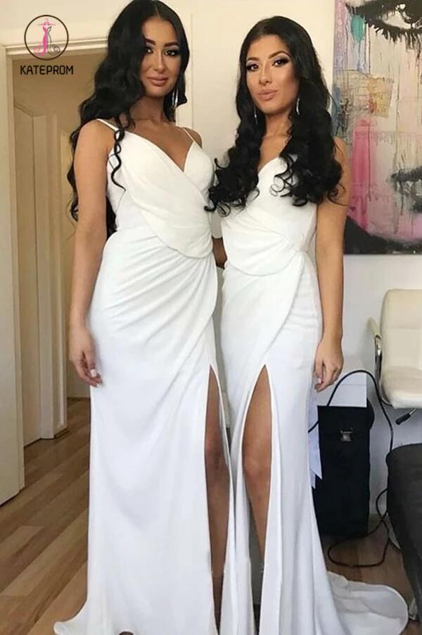 Charming Spaghetti Strap Mermaid V Neck Ruffled Split Long Bridesmaid Dresses KPB0143