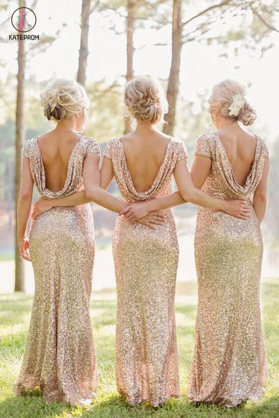 Sheath Sequined Cowl Floor-length Cap Sleeves Prom Dress,Bridesmaid Dresses KPB0056