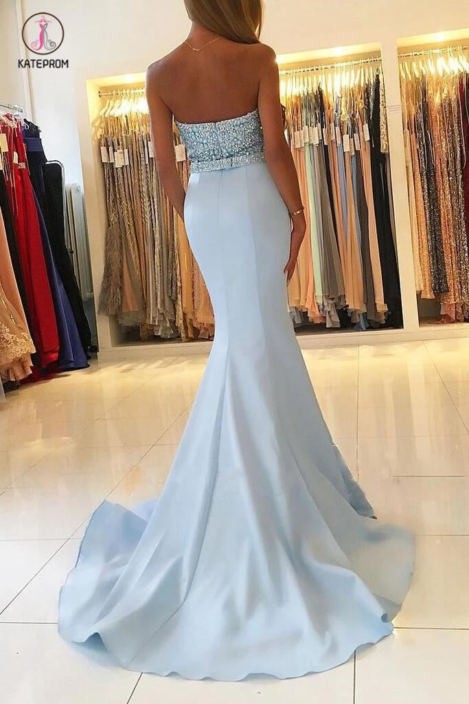 Sexy Light Blue Beading Strapless Long Prom Dresses,Sparkle Mermaid Party Gown KPP0411