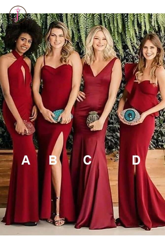 Sexy Mermaid Mismatched Red Satin Long Bridesmaid Dresses, Sheath Prom Dress KPB0171