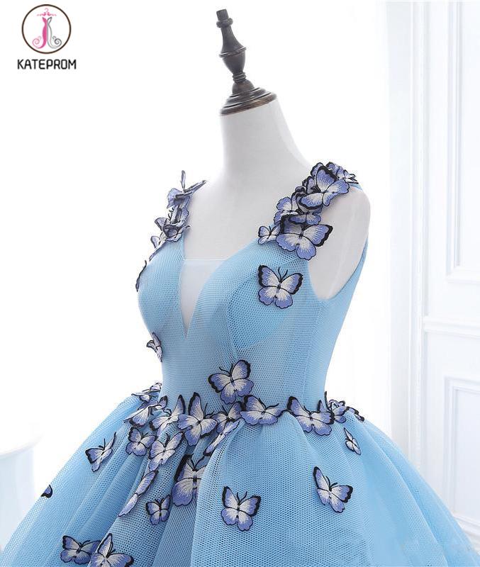 Sky Blue V-neck Butterfly Flowers Ball Gowns Long Prom Dress,Puffy Event Gowns KPP0489