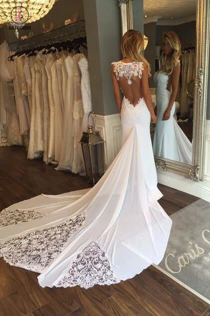 Mermaid Sexy Sheer Neck Wedding Dresses with Lace, Unique Ivory Bridal Dress KPW0209