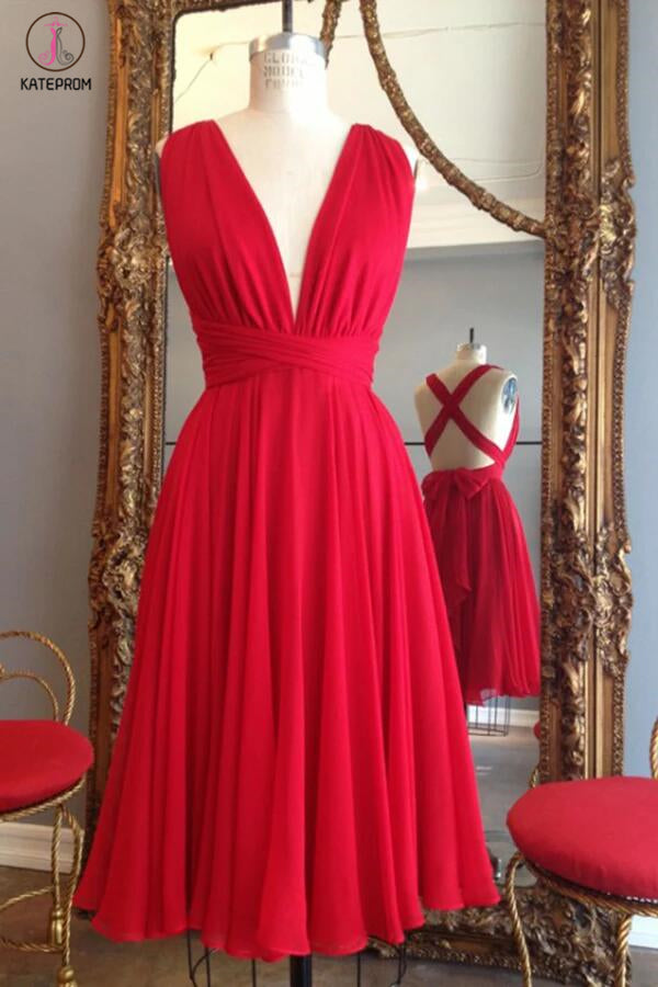 Red Knee Length Deep V Neck Sleeveless Chiffon Prom Dress, Homecoming Dress KPB0015