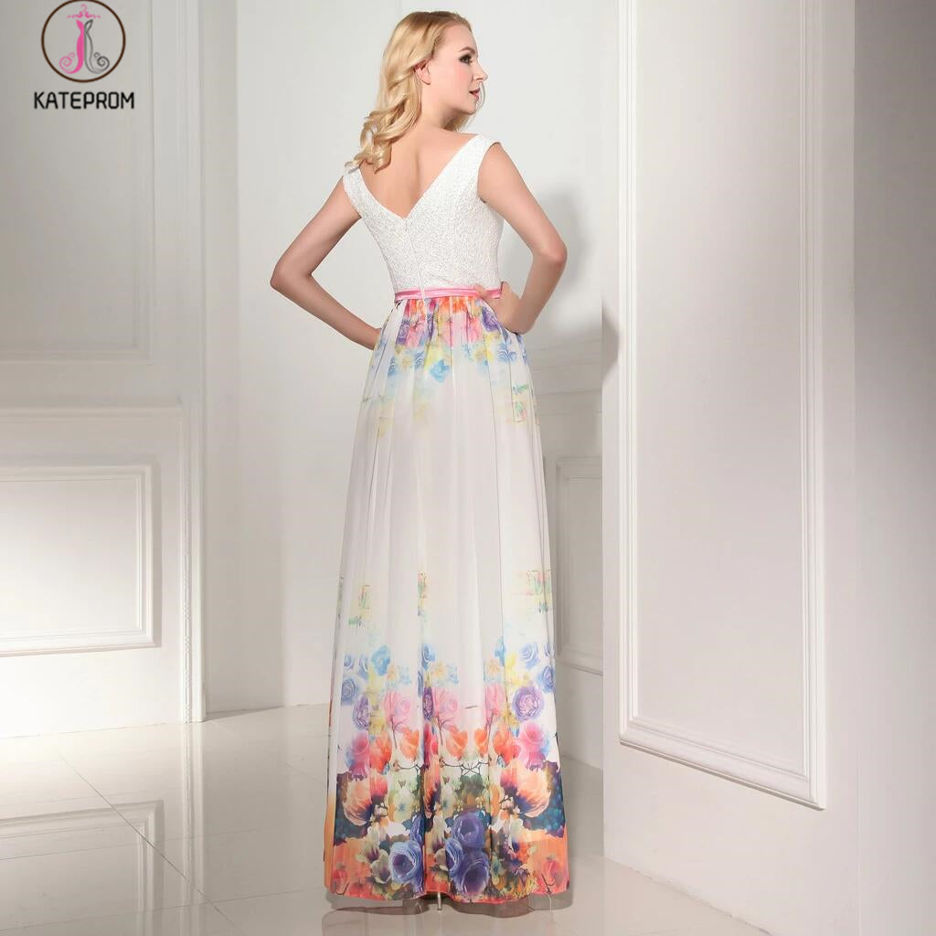 New Arrival Charming Long Printing V-Neck Prom Dress KPP0105