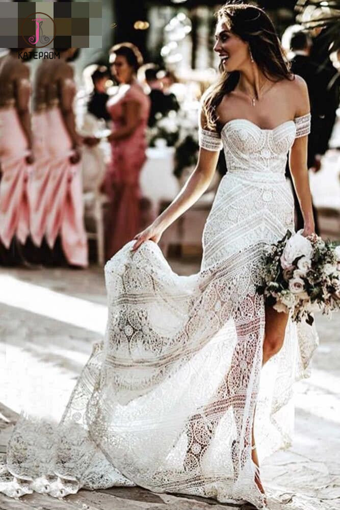 Modest Sweetheart Neck Lace Bridal Dress Beach Wedding Dresses, Sexy Boho Bridal Dress KPW0456