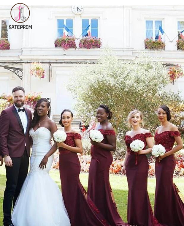 Elegant Mermaid Off Shoulder Beaded Bodice Sweep Train Bridesmaid Dress with Ribbon KPB0112