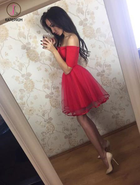 Red Half Sleeves Off-the-shoulder Tulle Ruched Homecoming Dress,Short Red Prom Dresses KPH0255