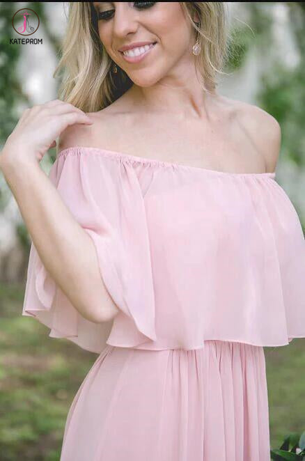 Off-the-shoulder Pastel Pink Ruffles Long Chiffon Bridesmaid Gowns,Floor-length Prom Dresses KPB0039
