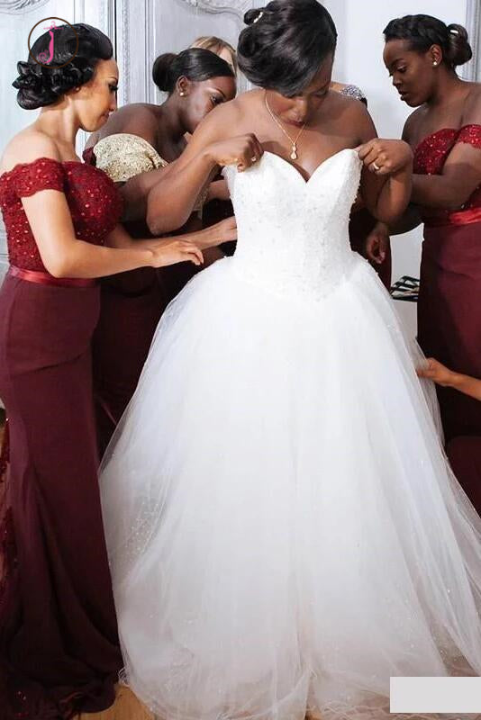 Elegant Mermaid Off Shoulder Beaded Bodice Sweep Train Bridesmaid Dress with Ribbon KPB0112