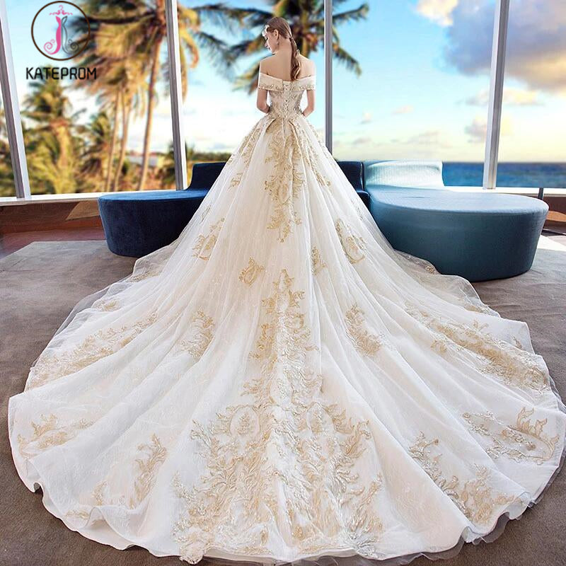 Gorgeous Off the Shoulder Ball Gown Wedding Dress, Long Appliques Bridal Dress KPW0322