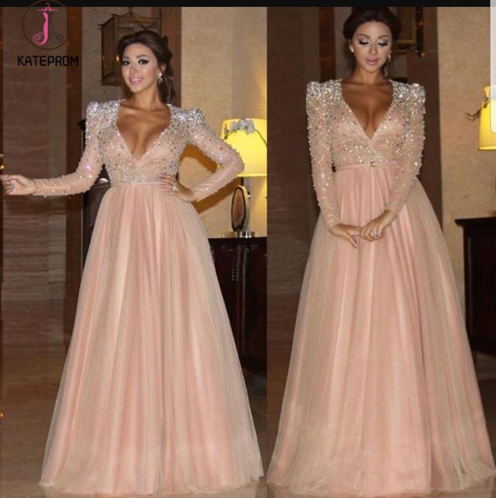 Elegant Long Sleeve Formal Dress with Beads, A Line Sparkle V Neck Evening Dresses KPP0508