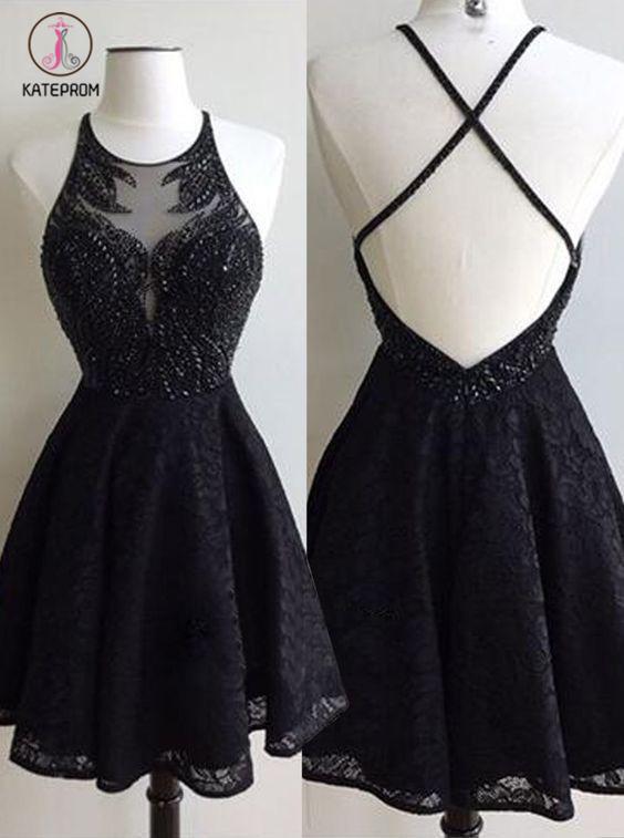 Fashion A-Line Black Lace Short Homecoming Dress,Backless Lace Beading Prom Dresses KPH0215
