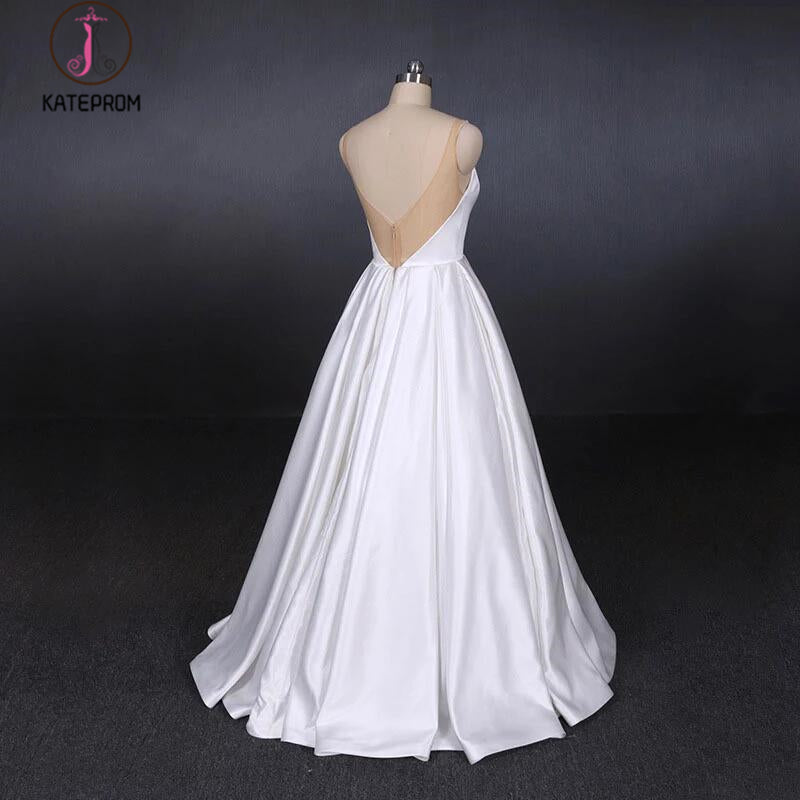 Simple Straps White Satin Wedding Dresses, Floor Length Satin Backless Bridal Dresses KPW0498