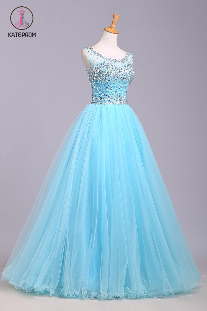 Blue Scoop Sleeveless Tulle Prom Dress with Sequins, Floor Length Puffy Evening Dress KPP0567