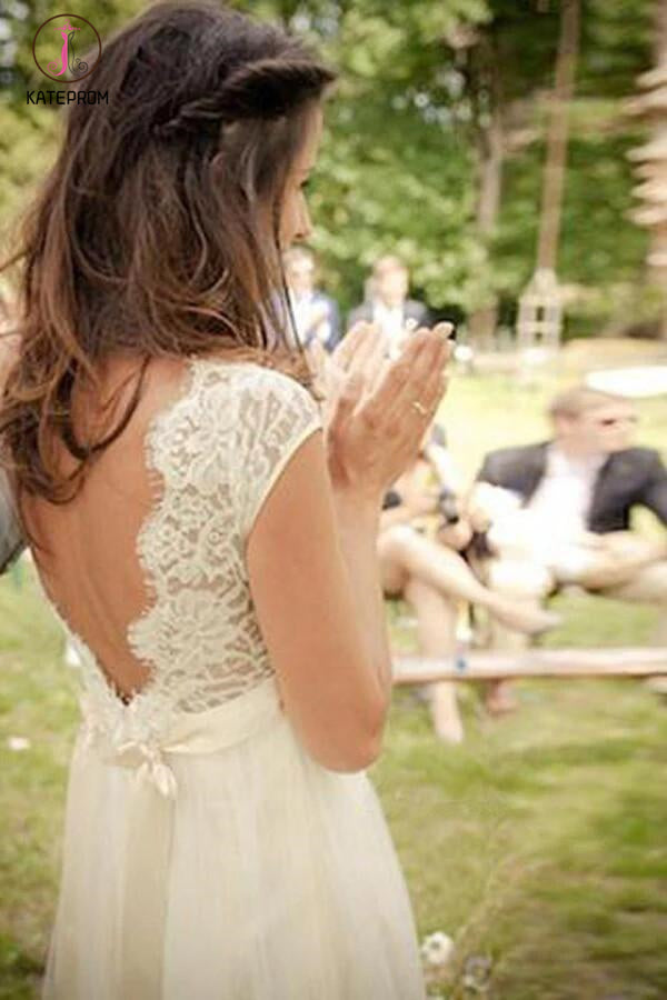 A-line V-neck Cap Sleeves Sweep Train Backless Wedding Dress With Sash,Beach Wedding Dress KPW0087