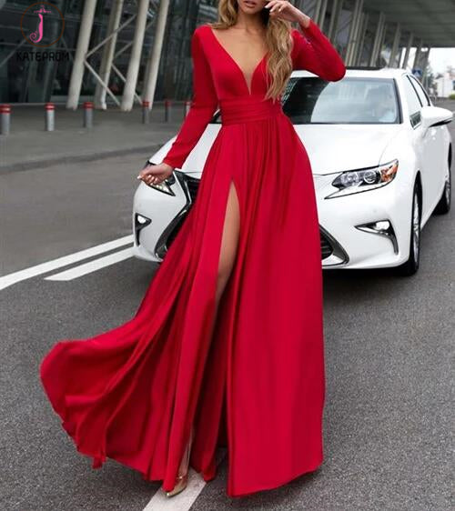 Sexy Green Deep V Neck Long Sleeves Floor-length Prom Dresses Leg Split Evening Gowns KPP0268