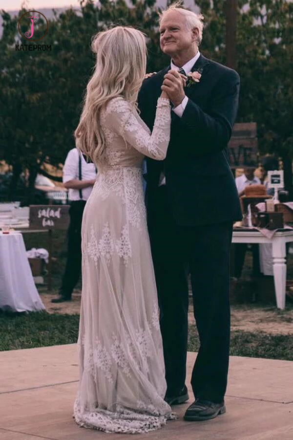 A-Line Bateau Long Sleeves Ivory Tulle Wedding Dress with Lace Appliques KPW0522