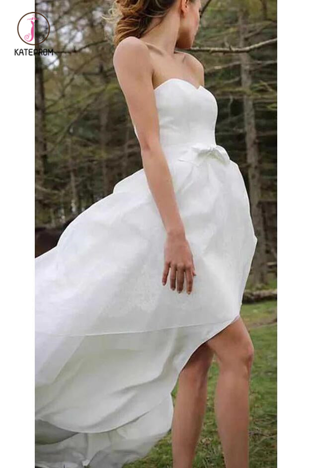 High Low Sweetheart Beach Wedding Dresses, Boho Wedding Dress with Bow KPW0374