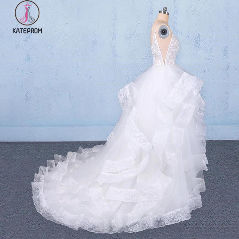 Spaghetti Straps Floor Length Tulle Wedding Dress with Ruffles, Long Bridal Dress KPW0489