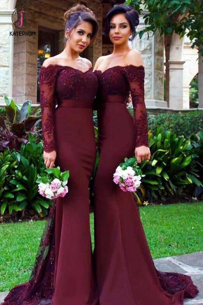 Mermaid Off-the-Shoulder Long Sleeves Bridesmaid/Prom Dress with Lace Appliques KPB0108