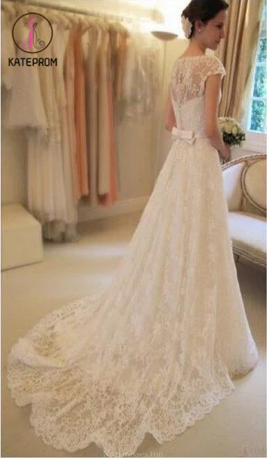 Cap Sleeve Lace Wedding Dresses,Long Bridal Dresses With Court Train,Ivory Beach Wedding Dress KPW0048