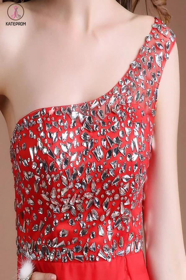 Front Split One Shoulder Red Beaded Open Back Prom Dresses KPP0047