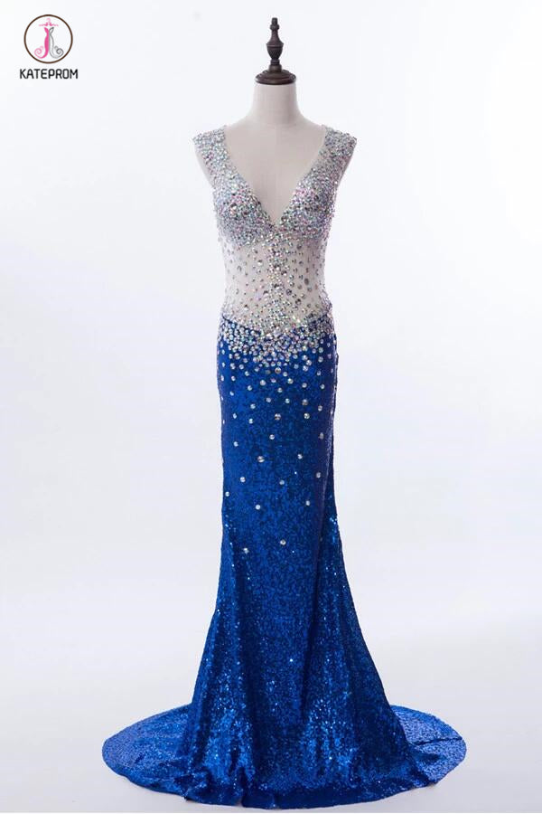 Mermaid V-neck Sequined Backless Prom Dresses Evening Dress KPP0119