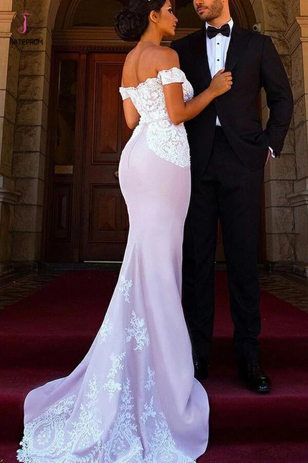 Blush Mermaid Off-the-Shoulder Sweep Train Stretch Long Bridesmaid Dress with Lace KPB0078