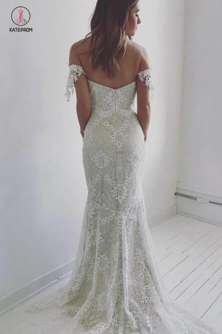 Affordable Off the Shoulder Mermaid Lace Long Wedding Dresses, Lace Prom Dress KPW0239