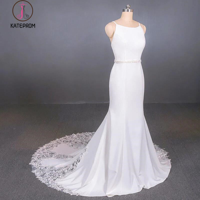 Simple Mermaid Sleeveless Wedding Dress with Lace, Sexy Backless Bridal Dress KPW0497