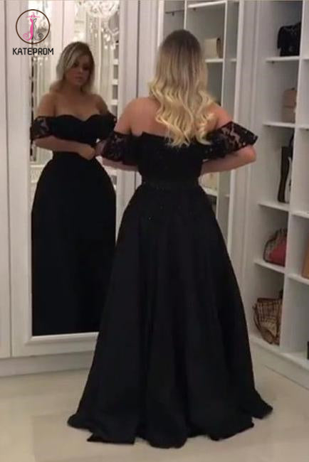 Black Off Shoulder Long Evening Dress with Lace, Unique Split Prom Dress with Lace KPP0514