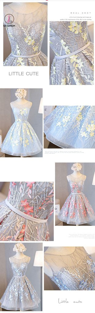 Appliqued A line Tulle Lace Short Prom dress,Sleeveless Homecoming Dresses with Belt KPH0233