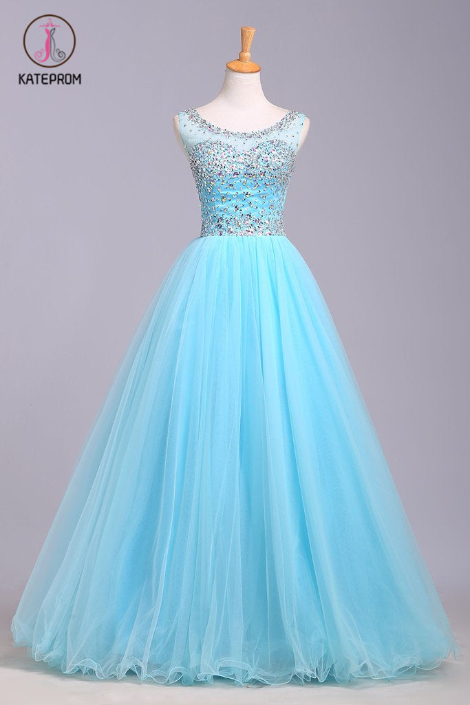 Blue Scoop Sleeveless Tulle Prom Dress with Sequins, Floor Length Puffy Evening Dress KPP0567