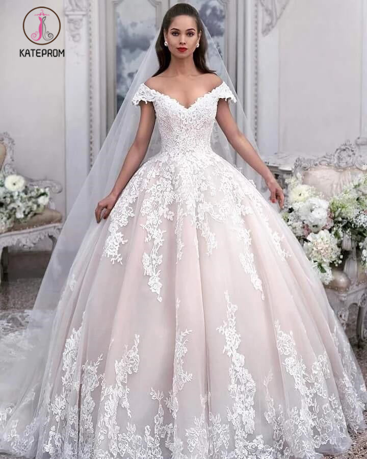 Light Pink Off the Shoulder Ball Gown Tulle Wedding Dress with Appliques, Bridal Dress KPW0512