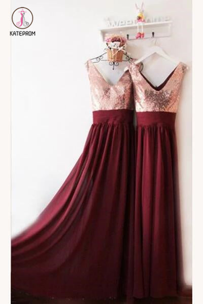 Burgundy V Neck Floor Length Bridesmaid Dress, V-Back Rose Gold Sequin Prom Dress KPB0136