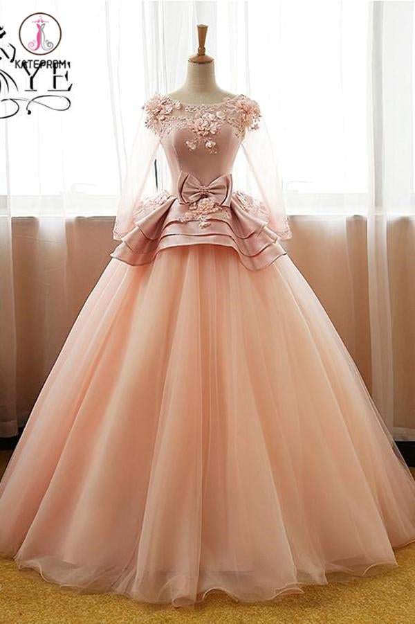 Ball Gown Long Sleeve Tulle Prom Dress with Flowers, Puffy Quinceanera Dresses KPP0496