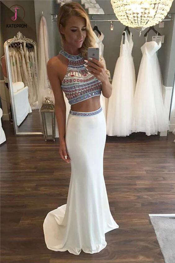 Two Piece Halter Sleeveless Ivory Beaded Prom Dress with Sweep Train,Prom Dress Long KPP0219