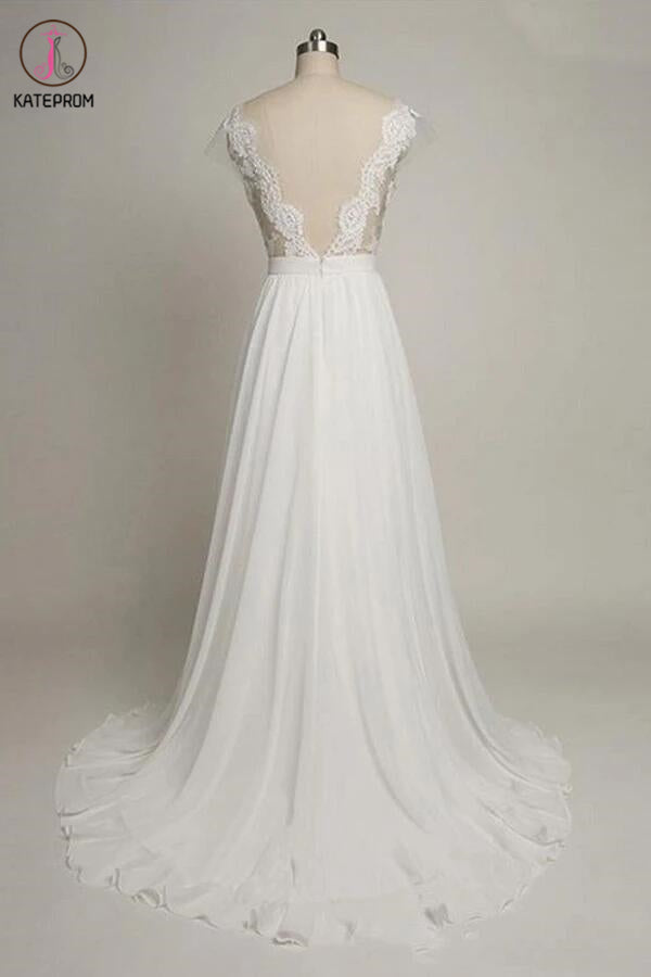 Cap Sleeves Sweetheart Long Chiffon Wedding Dress with Lace KPW0014