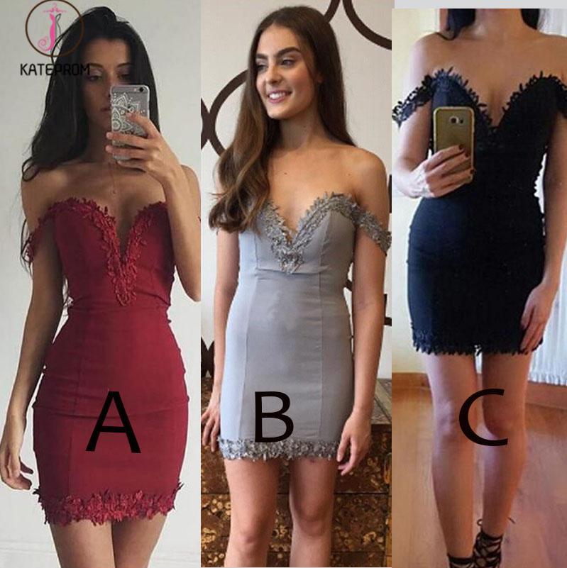 Sheath Burgundy Deep V-neck Off-the-shoulder Homecoming Dresses,Tight Prom Dress KPH0262