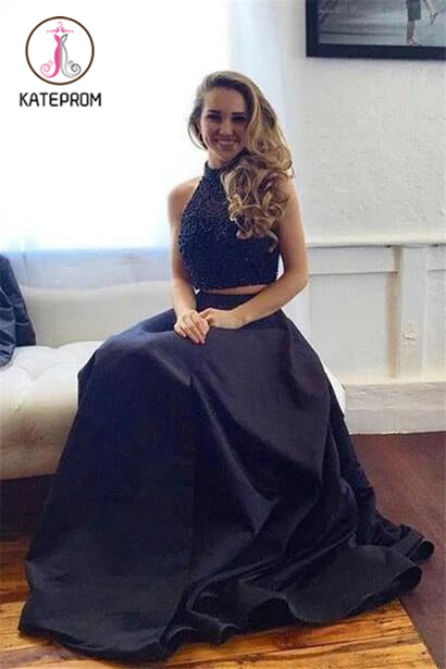 Two piece Black Satin Prom Dresses,A-line Sleeveless Long Evening Dress KPP0141