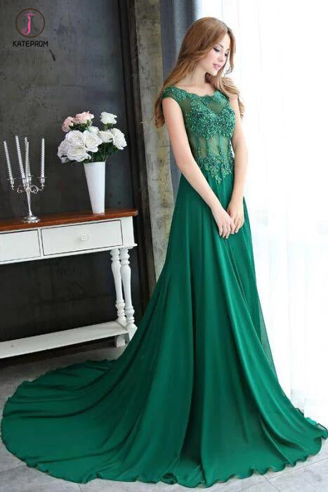 A-line Dark Green Cap Sleeve Scoop Applique Chiffon Long Prom Dress with Beaded KPP0373
