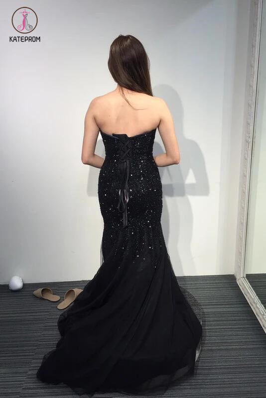 Black Strapless Sweetheart Sparkly Mermaid Tulle Prom Dresses with Sweep Train KPP0240