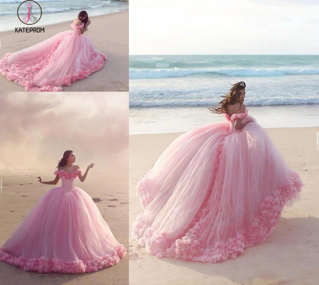 Pink Off the Shoulder Tulle Flower Wedding Dresses Ball Gowns Quinceanera Dress KPW0265