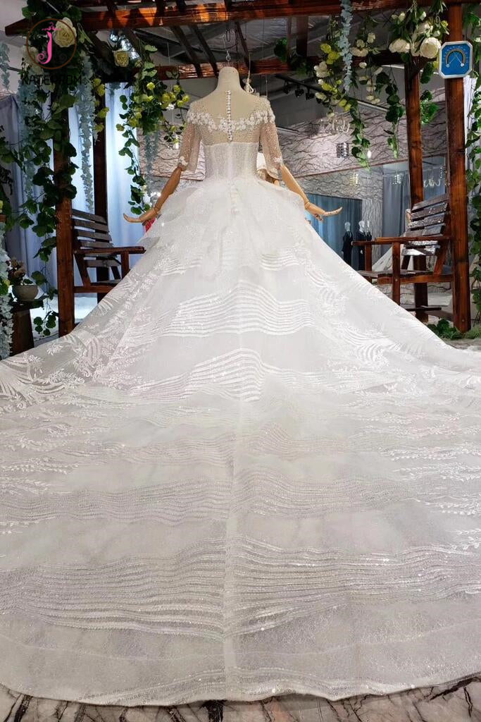 Ball Gown Half Sleeves Lace Bridal Dress with Sequins, Sheer Neck Long Wedding Dress KPW0401