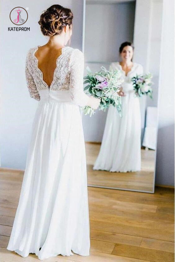 Floor Length 3/4 Sleeves Chiffon Beach Wedding Dress with Lace, Backless Bridal Dress KPW0411