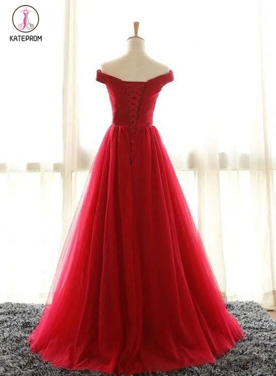 Red A line Tulle Off-shoulder Long Prom Dress,Red Evening Dress,Floor-length Prom Dress Long KPP0215