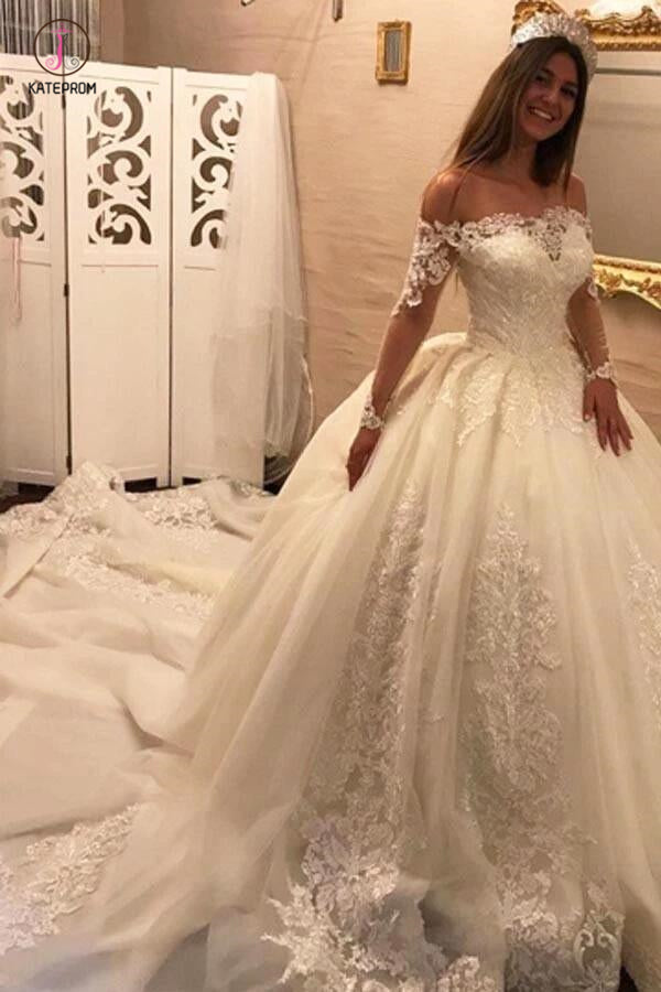 Luxury Off the Shoulder Long Sleeve Ball Gown Chapel Train Appliques Wedding Dress KPW0176